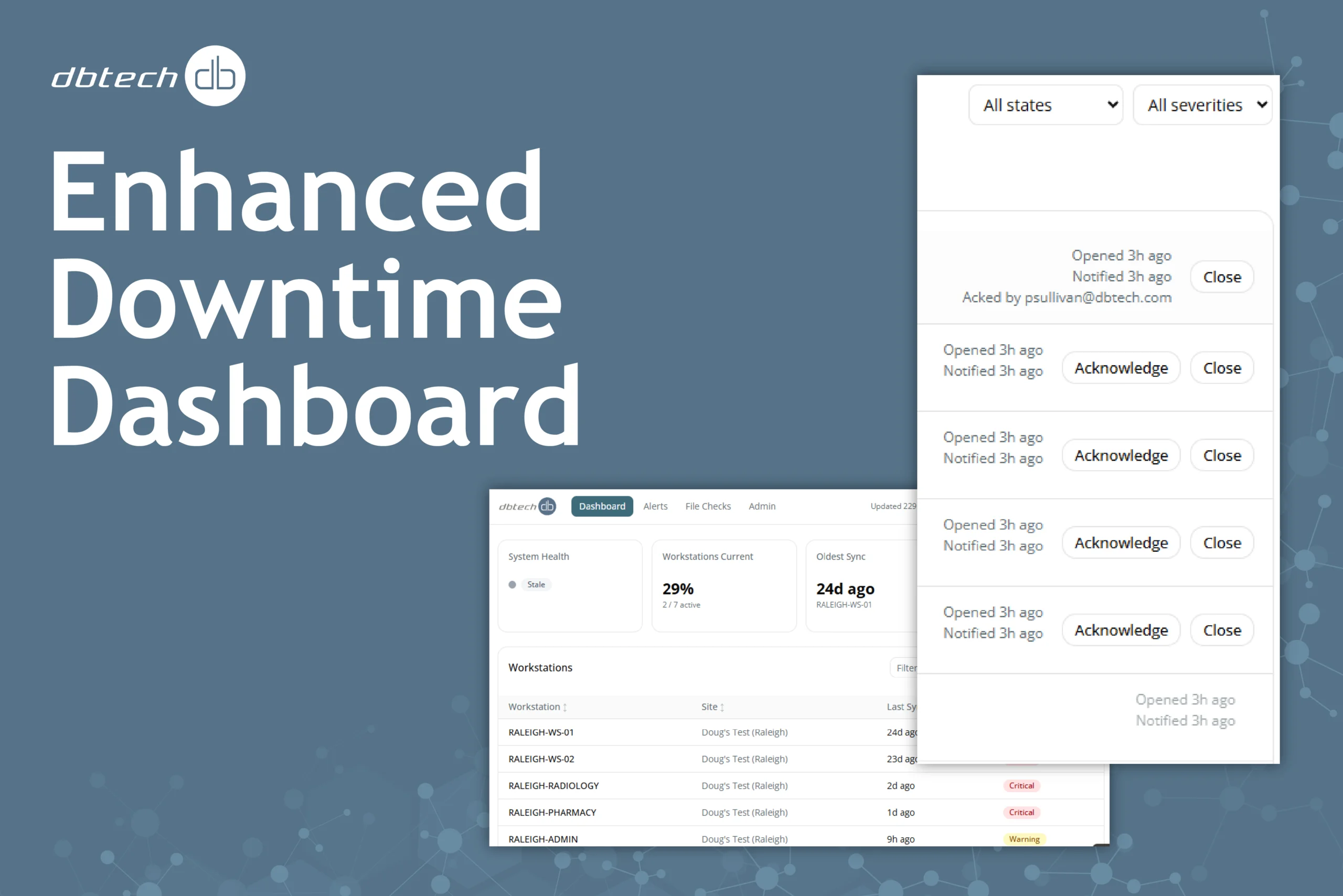 dbtech_Downtime_Announcement Healthcare IT administrator reviewing real-time workstation sync status, HL7 service health monitoring, and multi-site downtime readiness alerts in the enhanced dbtech Downtime Dashboard